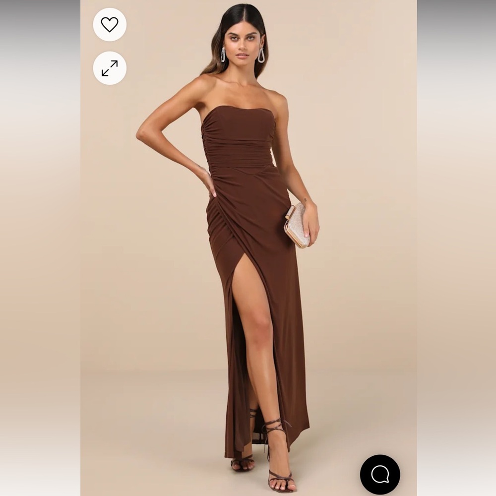 Lulus Brown Mesh Strapless Ruched Tulip Maxi Dress